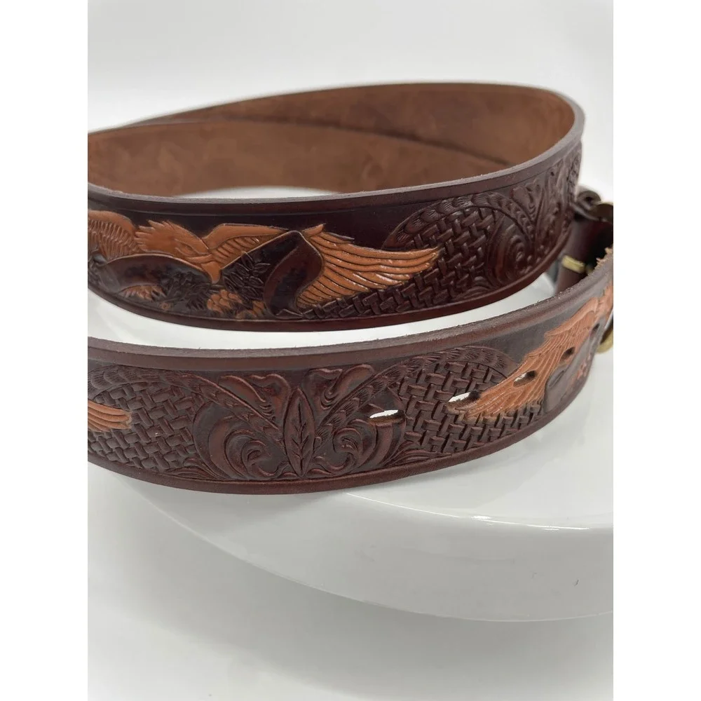 Vintage Western Belt Mens 50 Brown‎ Top Grain Leather Tooled Eagle Brass Buckle